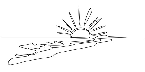 Continuous one line drawing of Summer beach landscape. sunset, sunrise, beach, palm tree in single line draw illustration. Editable stroke, Seascape drawing with one single continuous line. landscape.