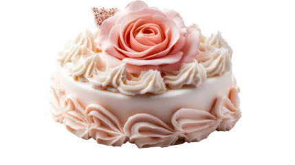 Elegant cake with buttercream frosting and rose decoration, cut out transparent
