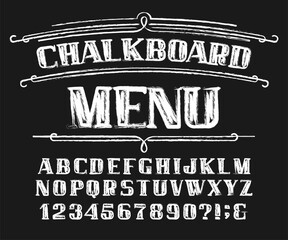 Chalkboard Menu alphabet font. Vintage letters, numbers and symbols. Stock vector typeface for your design.