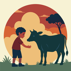 Cow graphic, Little boy and cow, silhouette of a cow, sacrifice on the Eid al-Adha holiday, Vector illustration 