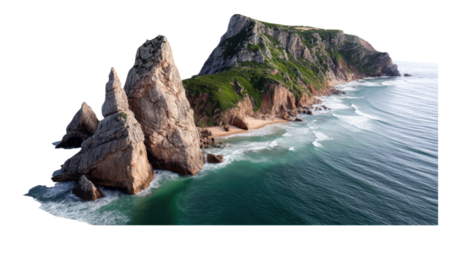 Coastal Serenity: A stunning view of a rocky coastline, where rugged cliffs meet the powerful ocean waves. This panoramic scenery showcases the raw beauty of nature.