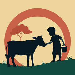 Cow graphic, Little boy and cow, silhouette of a cow, sacrifice on the Eid al-Adha holiday, Vector illustration 