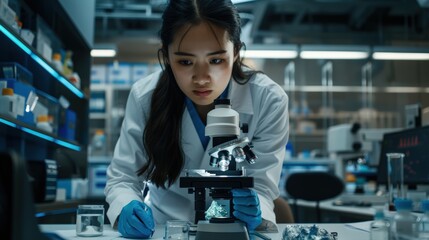 Asian female scientist wearing white lab coat and blue gloves examining crystal specimen under microscope in modern laboratory setting with concentration during research analysis in science field.