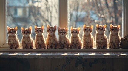 Fototapeta na wymiar Eight adorable ginger kittens sitting by window sunlight cat row pet red cats cute pets pets home