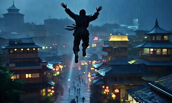 A ninja leaps through the rain-soaked streets of a vibrant, illuminated city at night