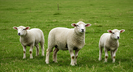Obraz premium Three White Sheep Grazing in a Lush Green Pasture Landscape