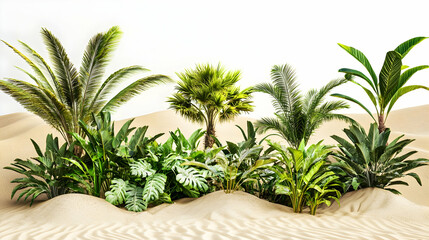 Fototapeta premium Lush tropical plants cluster on a sandy dune. Various palm trees and foliage thrive amidst a light beige dune landscape. Vivid greenery contrasts against the light background