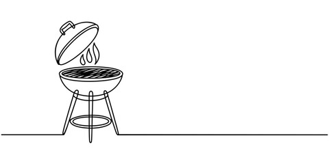 Continuous one line drawing of barbecue grill or kettle grill. barbecue grill. in single line draw illustration. Editable stroke, Single one line drawing BBQ Grill. Cooking utensil concept. Continuous