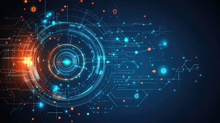 Fototapeta premium Futuristic digital circuit graphic. Dynamic, glowing concentric circles, circuit lines and nodes create an abstract, technological design