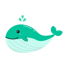 Green whale cartoon illustration.Cute smiling little whale swimming in the ocean isolated on white background.Vector graphic illustration.Aquatic animal, marine fish swimming in summer.
