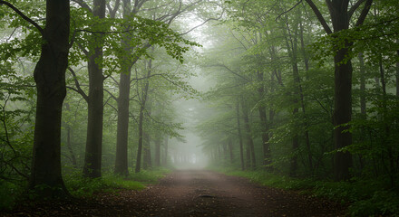 Obraz premium Misty Forest Pathway Surrounded by Lush Green Foliage and Trees