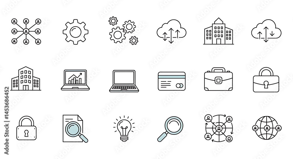 Fototapete a precise grid of ultra-smooth thin line art icons depicting business and technology concepts. each 