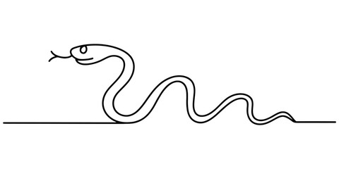 Snake one line drawing on white isolated background. 2025 Chinese New Year, Snake in one continuous line. One line drawing, minimalism. Vector illustration, Snake tattoo sticker logotype.