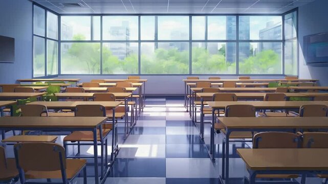 Animation showing rows of empty school desks in a classroom. Perfect for education and back-to-school visuals.
