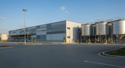 Obraz premium Modern Industrial Warehouse with Silos under Clear Blue Sky