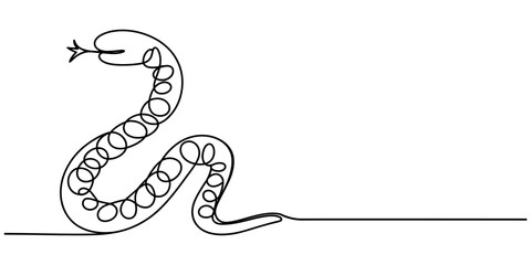 Snake one line drawing on white isolated background. 2025 Chinese New Year, Snake in one continuous line. One line drawing, minimalism. Vector illustration, Snake tattoo sticker logotype.