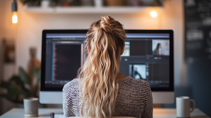 Woman Working from Home on Video Editing Software