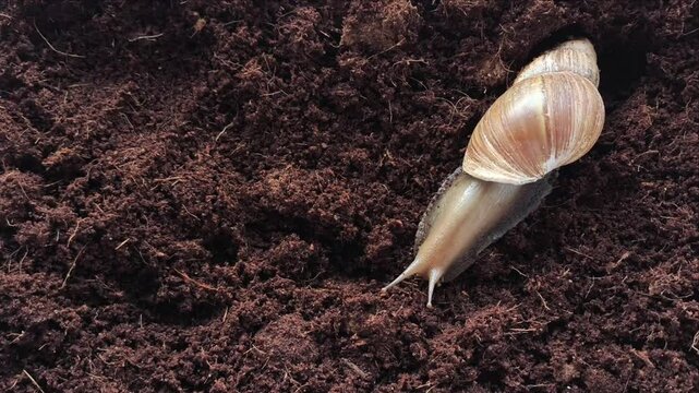 A snail clam crawls on the ground from a coconut shell into a terrarium. Keeping akhatin snails at home. Exotic pets. Fillers for terrariums.