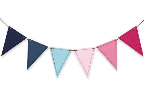 String of triangle bunting flags in navy, light blue, and pink, hanging on white background, symbolizing celebration or party. Generative AI