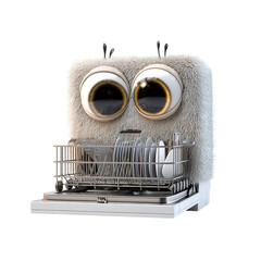 Fluffy Dishwasher Monster A 3D Render of a Cute, Fuzzy Creature with Big Eyes Loading a Dishwasher