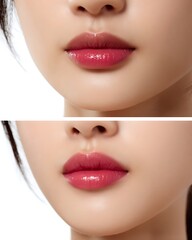Dark-skinned girl's lips are covered in shiny lip gloss, in a clean, fashionable tone.