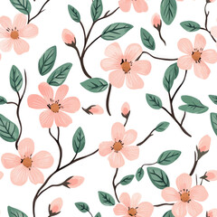 Cute pastel pink peach blossom flowers and green leaves on a white background, Cute watercolor seamless pattern. Watercolor print in rustic vintage style, textile or wallpapers.	