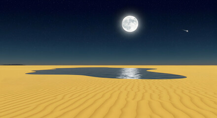 Naklejka premium Stunning Night Scene with Full Moon Over Tranquil Desert Oasis