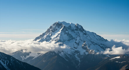 Majestic Snow-Capped Mountain Under Clear Blue Sky with Clouds