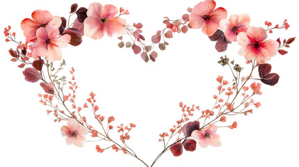 Naklejka premium Floral Heart Frame, Pink Flowers, Leaves, Romantic Border, cut out transparent