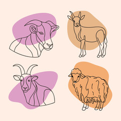 Line Art Illustrations of Goat Sheep and Antelope on Abstract Backgrounds