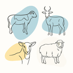 Line Art Illustrations of Sheep Goat and Ram Farm Animals