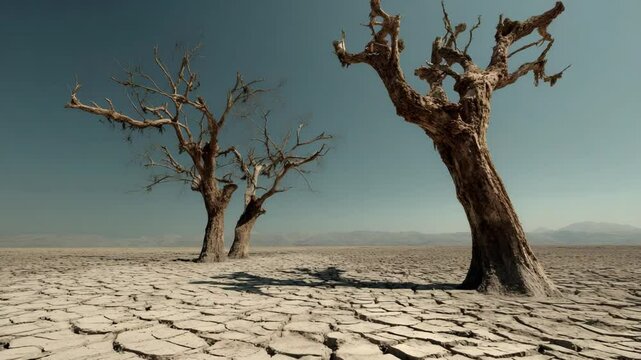 Arid cracked land under clear sky with dead trees representing drought and desertification in a barren landscape