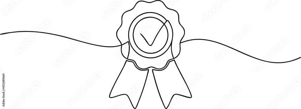 Poster award badge continuous line art drawing with approval check sign and certificate symbol isolated on 