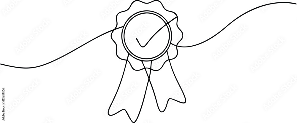 Poster award badge continuous line art drawing with approval check sign and certificate symbol isolated on 