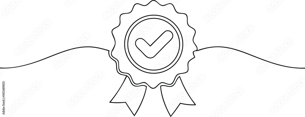 Poster award badge continuous line art drawing with approval check sign and certificate symbol isolated on 