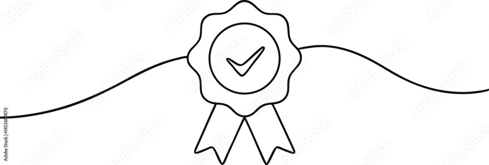 Poster award badge continuous line art drawing with approval check sign and certificate symbol isolated on 