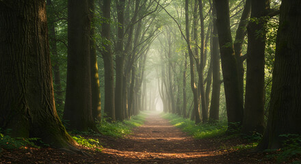Obraz premium Serene Forest Pathway Through Tall Trees in Soft Morning Light