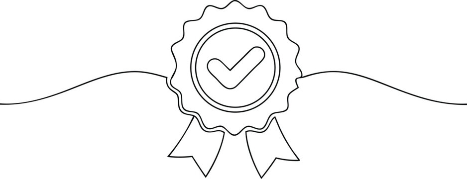 Award badge continuous line art drawing with approval check sign and certificate symbol isolated on white background

