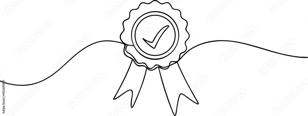 Poster award badge continuous line art drawing with approval check sign and certificate symbol isolated on 