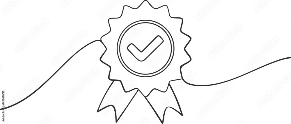 Poster award badge continuous line art drawing with approval check sign and certificate symbol isolated on 