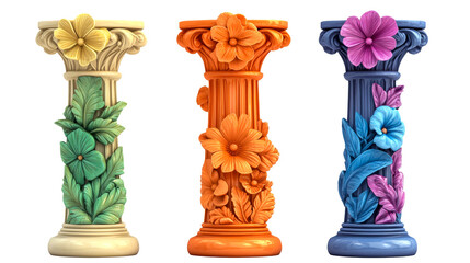 Collection of colorful ornate columns with flower carvings, cut out transparent