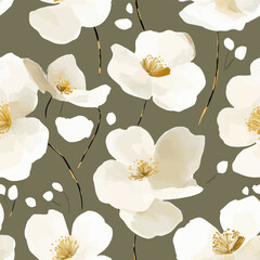 White flowers, dark green background, Cute watercolor seamless pattern. Watercolor print in rustic vintage style, textile or wallpapers.	