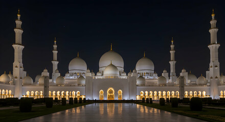 Obraz premium Majestic Mosque Architecture Illuminated at Night with Reflections