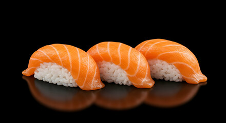 Fresh Salmon Sushi Pieces on Black Background with Reflection