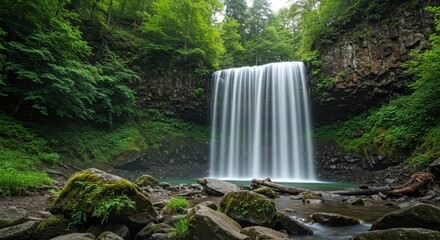 Obraz premium Waterfall surrounded by lush greenery, slow shutter effect