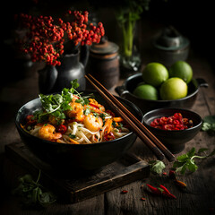 Still life of shrimp noodle bowl with limes, red berries, and chopsticks on a wooden surface