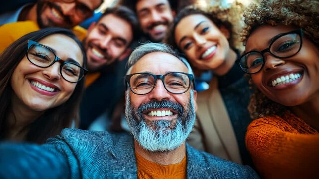 Selfie-style portrait of diverse smiling inclusive group of people