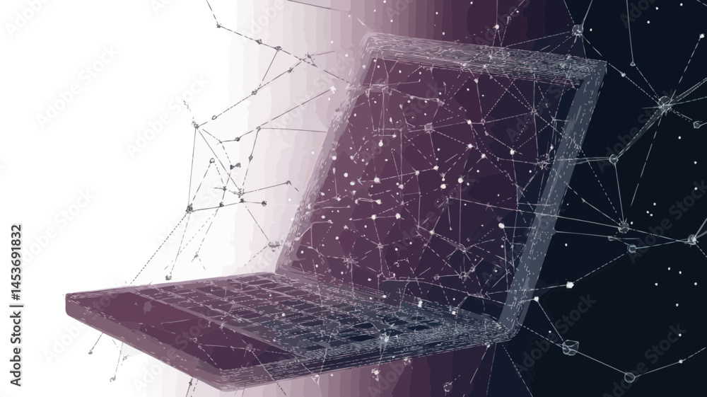 Poster abstract polygonal grey laptop vector with connecting dots and lines in a minimalist science and tec