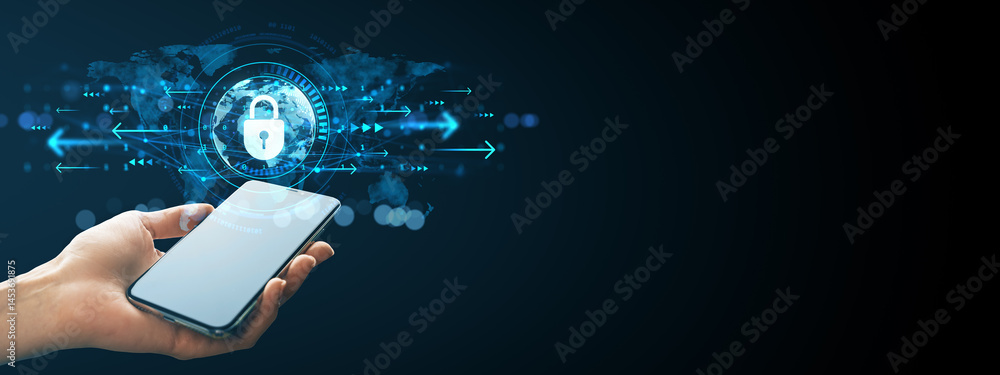 Poster Cybersecurity concept showing hand holding smartphone with digital padlock hologram and world map background on dark gradient tech-themed backdrop.