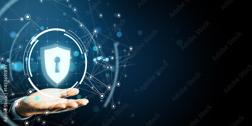 Poster businessman's hand holding digital security lock icon with abstract network connections on dark blue
